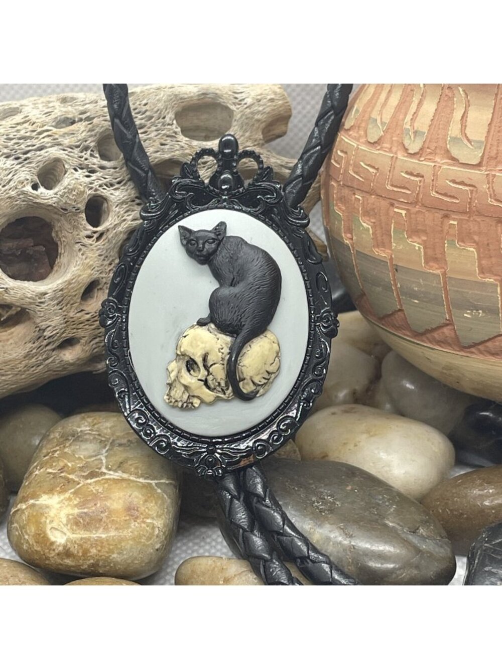 Gothic Wedding HALLOWEEN Biker Western Southwest Black Cat Skull Bolo tie Dad